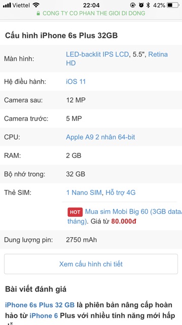 Điện Thoại Apple Iphone 6s plus ( 2GB/32GB ). Hàng cũ đẹp 90-95% .