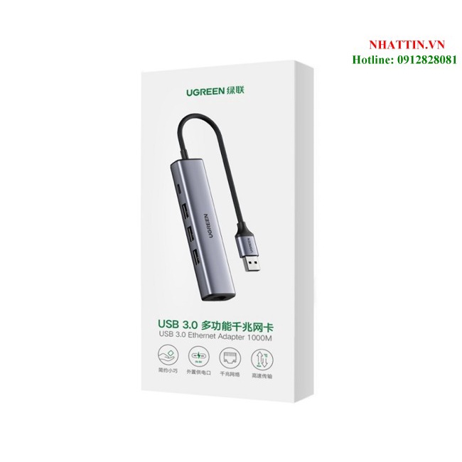 Bộ Hub chia USB 3.0 ra 3 cổng USB 3.0 + Lan Gigabit 1000Mbps Ugreen 20915 cao cấp