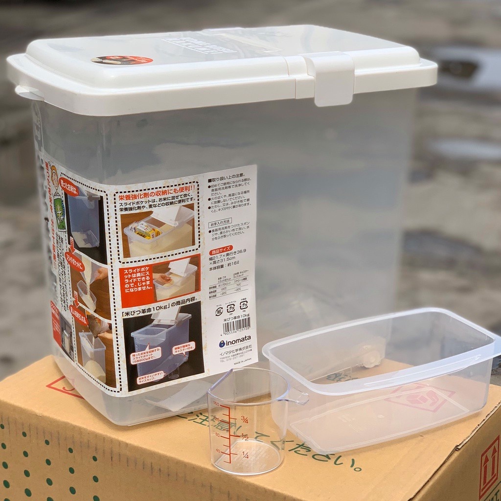 Thùng đựng gạo, thực phẩm Inomata Nhật Bản nắp bật bánh xe 10kg Nhựa PP kháng khuẩn, không chứa BPA, không sinh độc hại