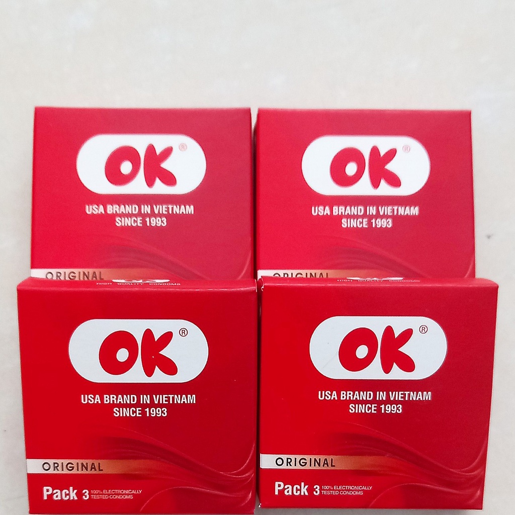 Bao cao su Ok original hộp 3 cái. Mủ cao su thiên nhiên, có chất bôi trơn an toàn khi qua hệ (Việt Nam)