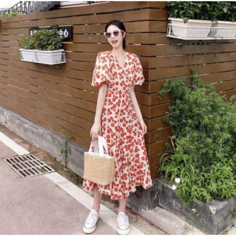Váy Xòe Hoa Màu Đỏ, đầm xòe cổ V đắp chéo hoa dài qua gối tay phồng bí