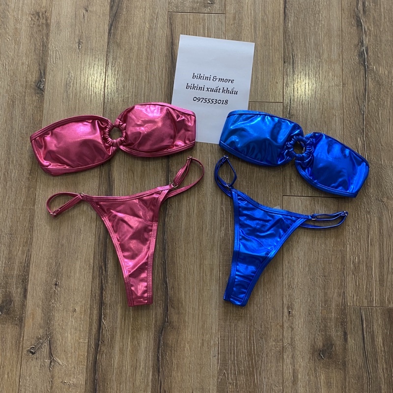 [BKN1389] &lt;ÂU&gt; SET BIKINI QUÂY DA BÓNG HỒNG/XANH KHUY TRÒN NGỰC