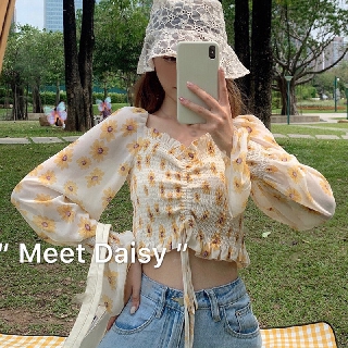 Women's Square Collar Sexy Sweet Pleated Floral Print Short Chiffon Shirt