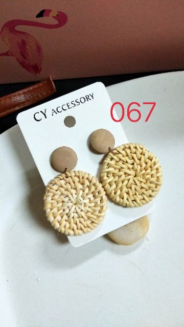 SALE Khuyên tai mây tre đan phối gỗ hình học hàn quốc khuyên tai cói nữ Thời trang Cá tính Hot