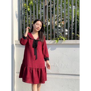 Váy bầu đỏ thắt nơ công sở - Đầm sau sinh dạ lót lụa cho mẹ mặc Tết, ăn cưới sang trọng