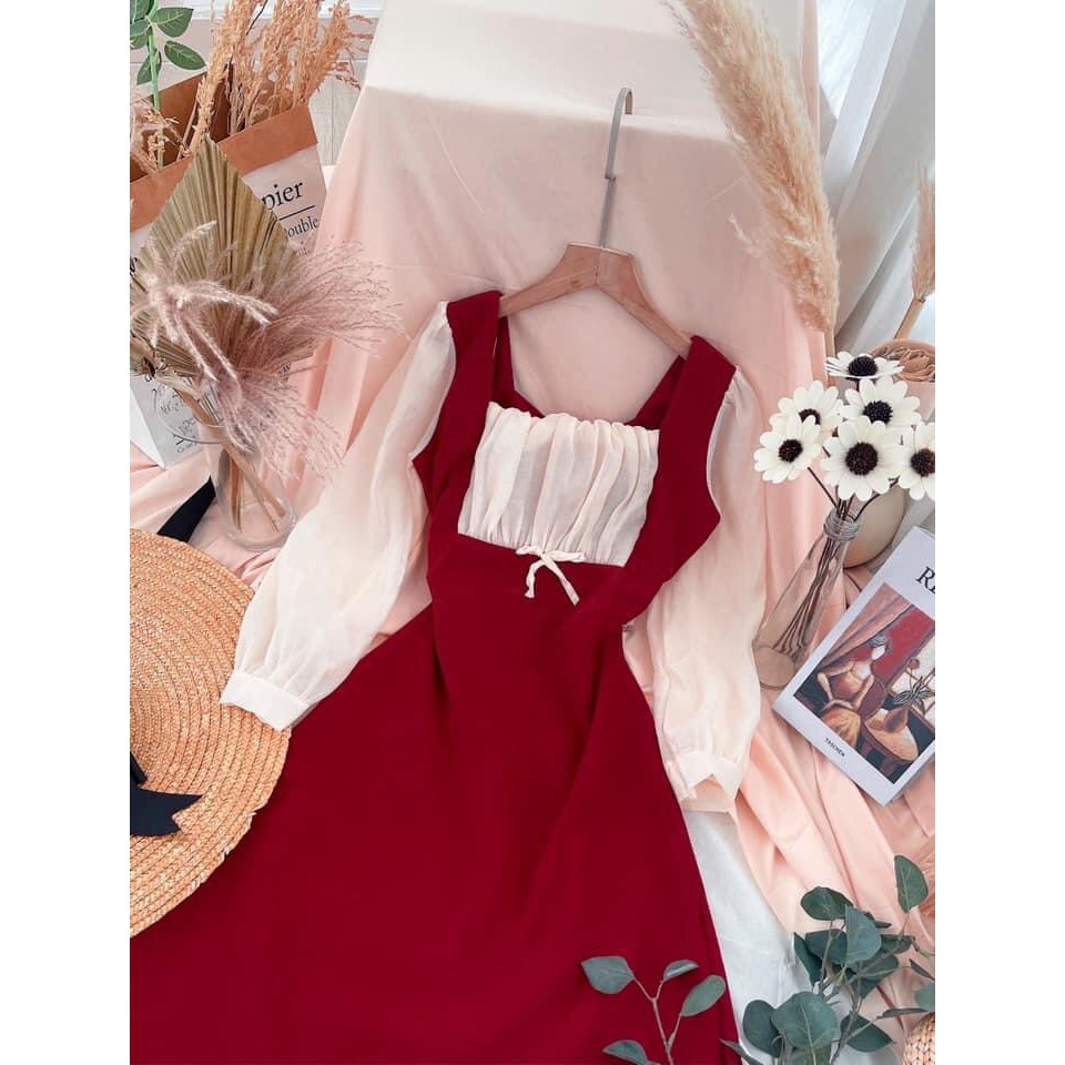 Đầm xòe Midi Cổ vuông Tay Dài Cột Nơ nhẹ nhàng