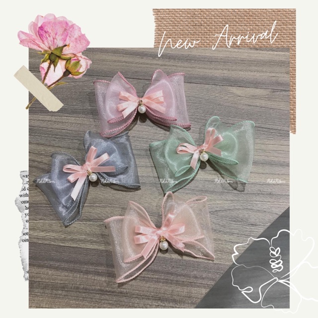 KẸP TÓC NƠ HAI TẦNG RUY BĂNG VIỀN BÈO PHỐI HẠT - [Nhà Nấm handmade]
