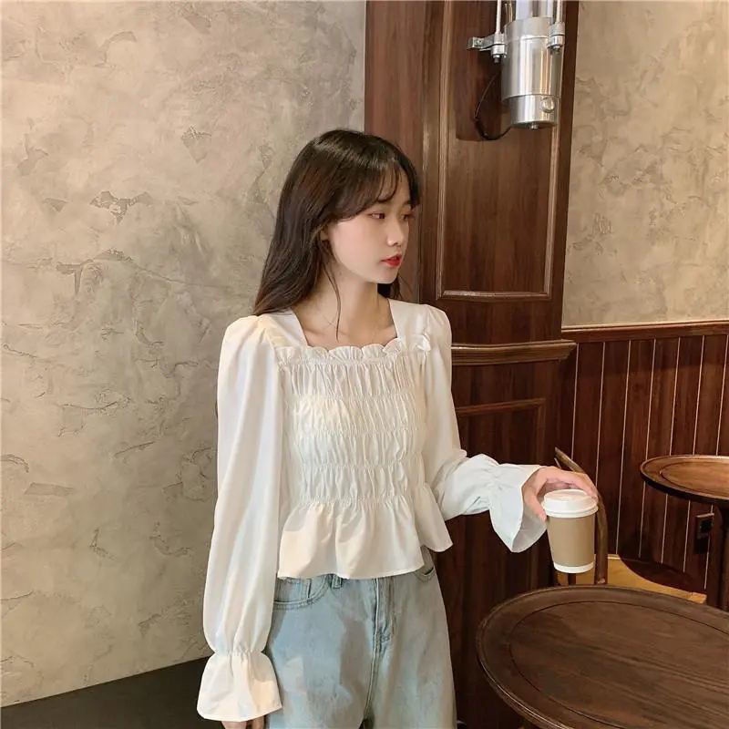 COZOK Áo Sơ Mi Dài Tay Cổ Vuông Lưng Cao Xinh Xắn Dành Cho Nữ