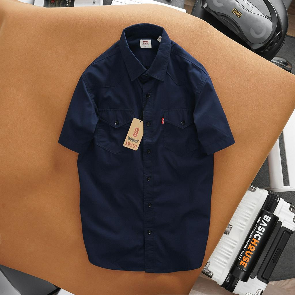 Áo sơ mi tay ngắn, sơ mi nam tay ngắn chất vải mềm mịn sang trọng thanh lịch màu xanh navy, trắng - Basichouse