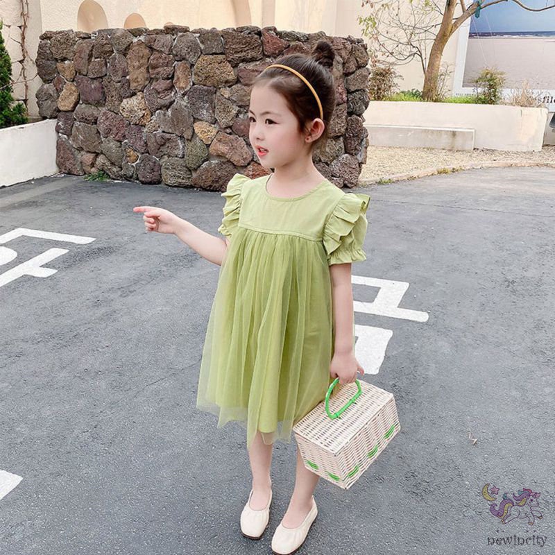 Đầm Tay Ngắn Phối Lưới Thời Trang Hàn Quốc Cho Bé Gái