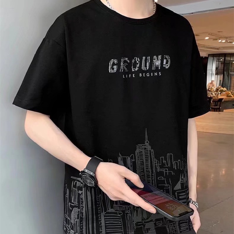 Áo Thun Nam Tay Ngắn Dáng Rộng Phong Cách Hip hop Hàn Quốc Size M-3XL