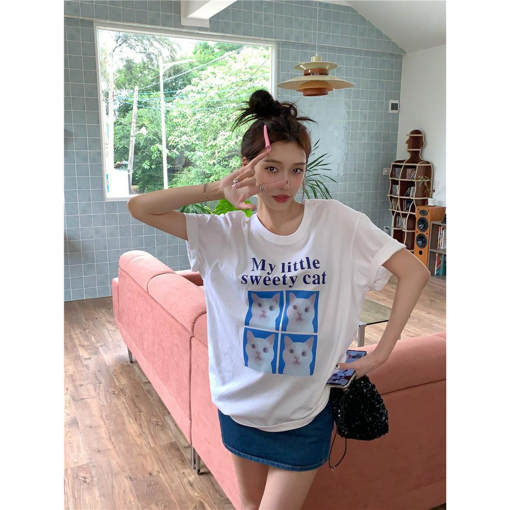 Áo Thun Cotton Cổ Tròn Dáng Rộng Ngắn Tay In Hình Mèo Dễ Thương 63931