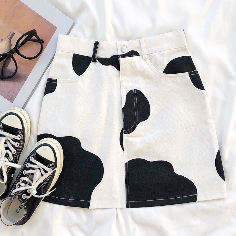 CHÂN VÁY CHỮ A HOẠ TIẾT BÒ SỮA THỜI TRANG CHO NỮ - CHÂN VÁY KAKI ĐEN TRẮNG ULZZANG