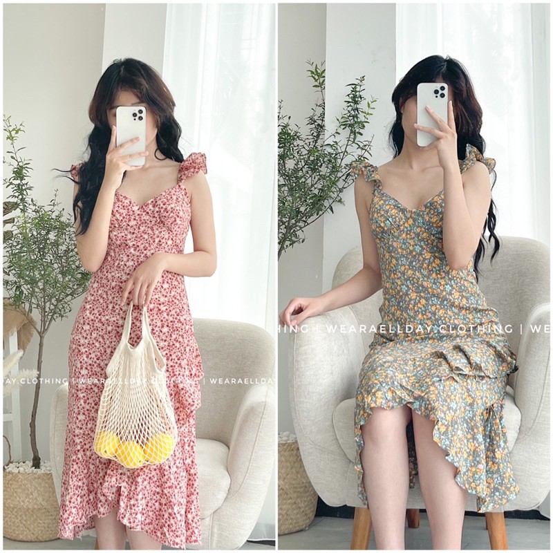 Váy Maxi 2 Dây Cánh Tiên Cúp Ngực Thiết Kế Vạt Bèo Đuôi Cá Cực Sang Chảnh (có đệm ngực)