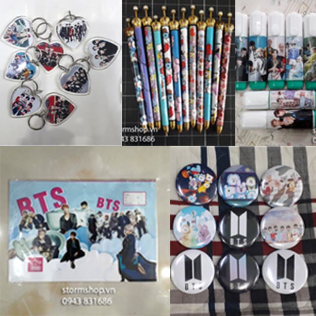 Combo BTS giống như hình 1 móc khóa, 1 bút bi, 1 bút xóa, 10 bao tập, 1 huy hiệu BT21 giá 85k