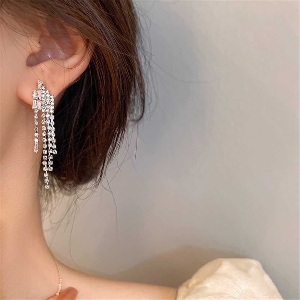 Bông Tai Mạ Bạc 925 Dáng Dài Đính Đá Zircon Phong Cách Hàn Quốc Thời Trang Cho Nữ