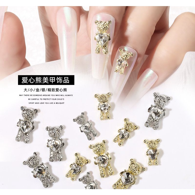 Charm gấu ôm tim trang trí móng tay,cham gấu đá ôm tim giá rẻ