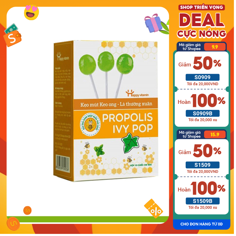 Kẹo mút keo ong Happy Vitamin hỗ trở giảm ho dành cho trẻ - Hộp/ 12 cây