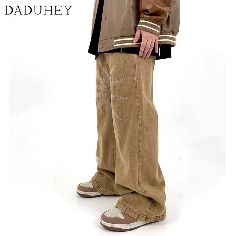 DaDuHey Men's Fashionable High Street Star Embroidery Jeans Ins Fashionable Brand and Loose Straight Casual Pants