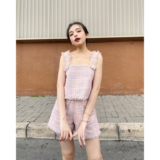 WHITELAZZ | Set áo và quần shorts yếm màu hồng - Triny Tweed Set