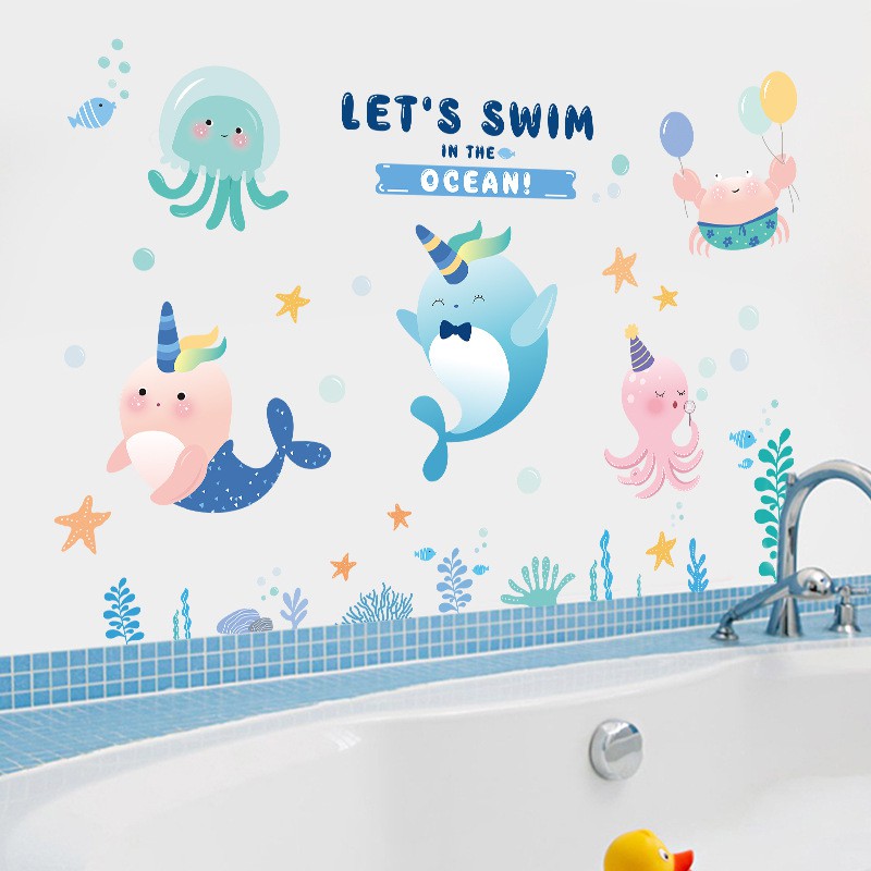 Decal trang trí phòng tắm cho bé LET'S SWIM kích thước 110x85cm
