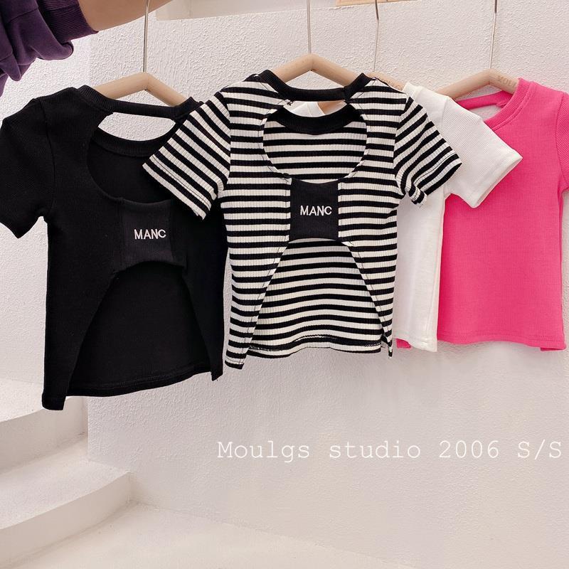 Áo Thun Cotton Tay Ngắn Hở Lưng Họa Tiết Kẻ Sọc Phong Cách Hàn Quốc Cho Bé Gái