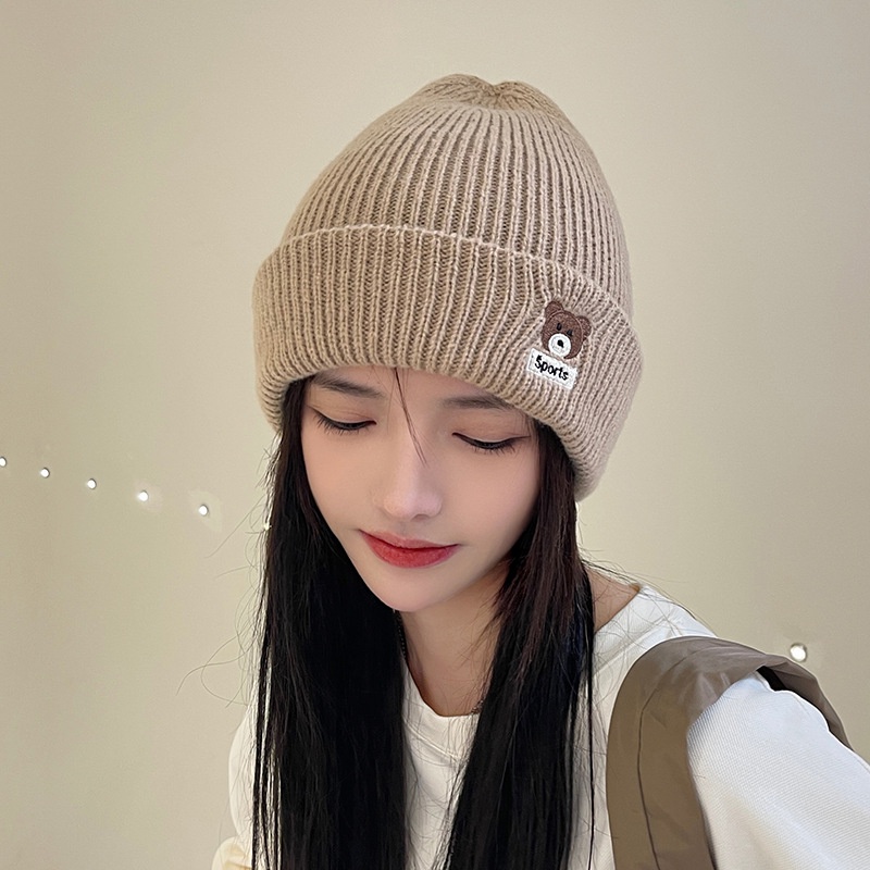 Mũ len dệt kim thêu họa tiết gấu hoạt hình thời trang cho nữ