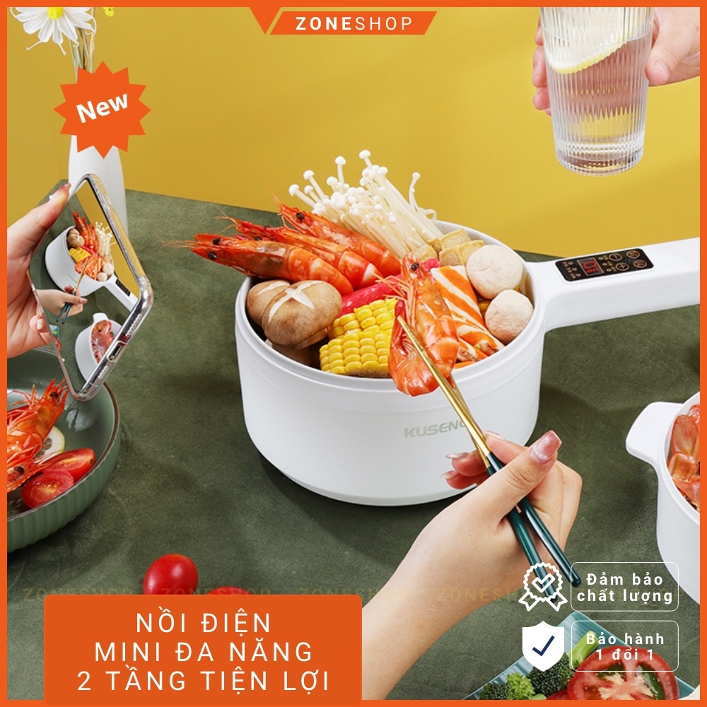 Nồi Nấu Lẩu Mini Cầm Tay, Nấu Cơm Đa Năng Có Tay Cầm, Lớp nồi tráng men 2L - 2 Nấc Nhiệt Kèm Giá Hấp [ZONESHOP]