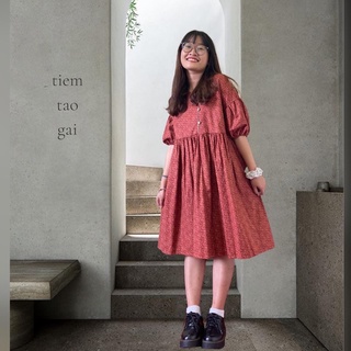 Đầm babydoll hoa nhí đỏ tay phồng