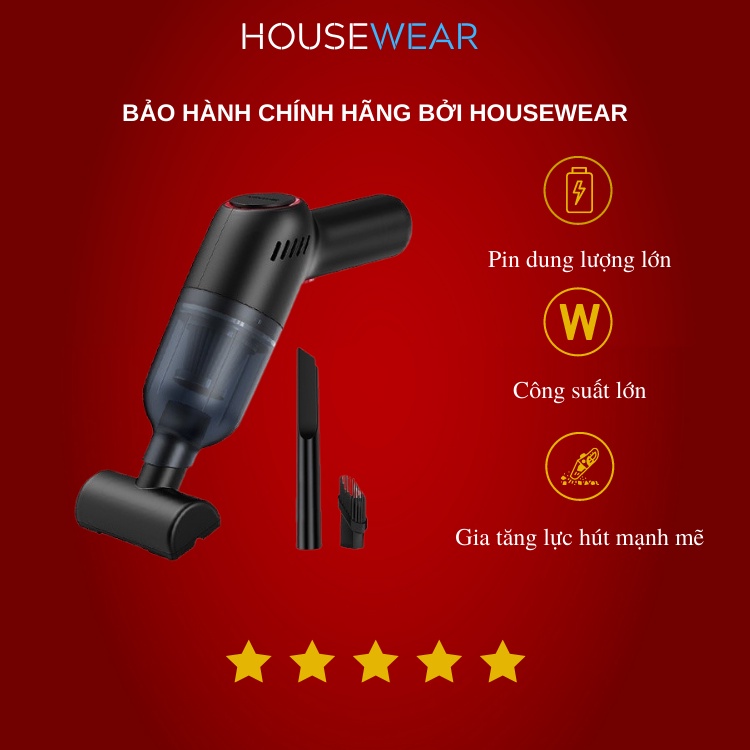 Máy Hút Bụi Cầm Tay Mini Không Dây HOUSEWEAR, Hút Bụi Giường Ô Tô lực Hút 9000PA Hút Liên Tục 30phút - Bảo Hành 12 Tháng