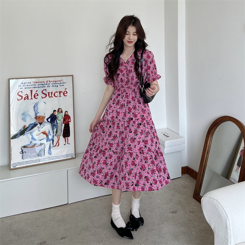 Váy Hoa Cổ Điển 175286 Đầm Dài Qua Gối Cổ Chữ v In Họa Tiết Hoa Thanh Lịch Dành Cho Nữ