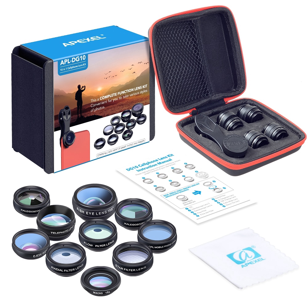 APEXEL 10in1 CellPhone Camera Lens Kit Wide Angle & Macro Lens + Fisheye Lens Telephoto Lens CPL / Lưu lượng / sao