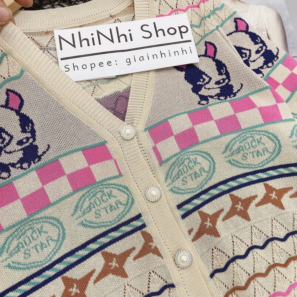 Áo len hoạ tiết cài cúc, Cadigan ngắn tay khuy giữa vải len mịn co giãn AL1464 - NhiNhi Shop