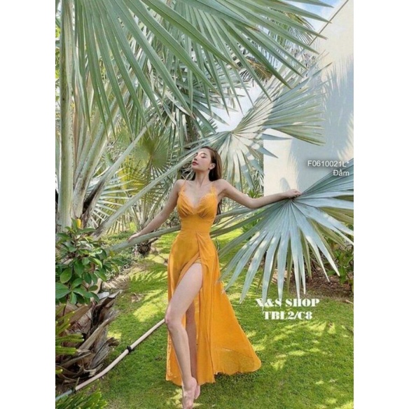 Đầm maxi xẻ đùi ngực 2 dây có lót quần trongK1-2 ngày về