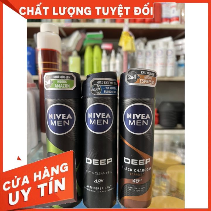 NIVEA Xịt Khử Mùi Cho Nam Nivea Than Hoạt Tính Hương Espresso 150ml Deep Black Car đủ mùi -mẫu mới  liu giữ huong thơm l