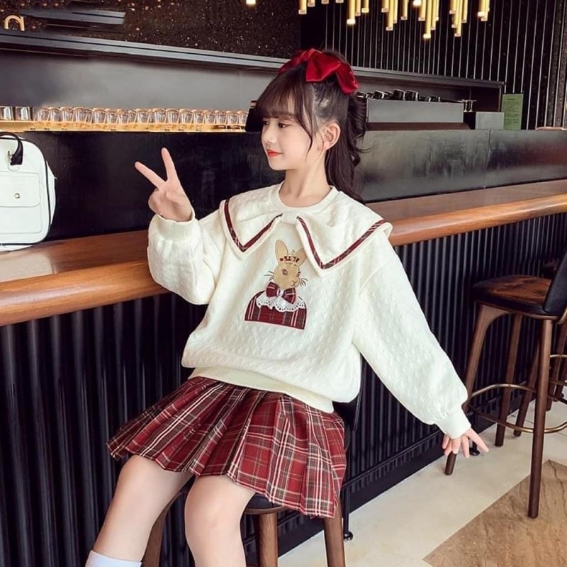 BỘ ÁO NỈ THỎ CHÂN VÁY XẾP LY XOÈ