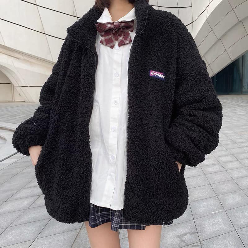 Áo lông cừu nam nữ tay dài cổ cao xinh xắn 2 màu trắng đen thời trang vintage ,Áo khoác mùa đông - METSHOP