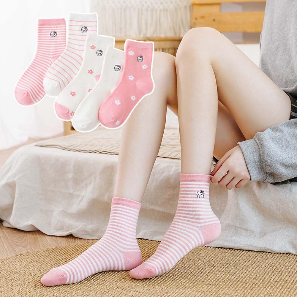 Mocho Vớ Cotton Ống Lửng Vừa Họa Tiết Mèo Kitty Và Hoa Ngọt Ngào Thoải Mái Cho Nữ