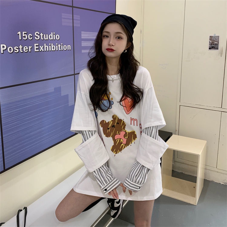 Áo thun tay dài giả hai lớp dáng rộng họa tiết kẻ sọc phong cách Hàn Quốc thời trang mới cho nữ