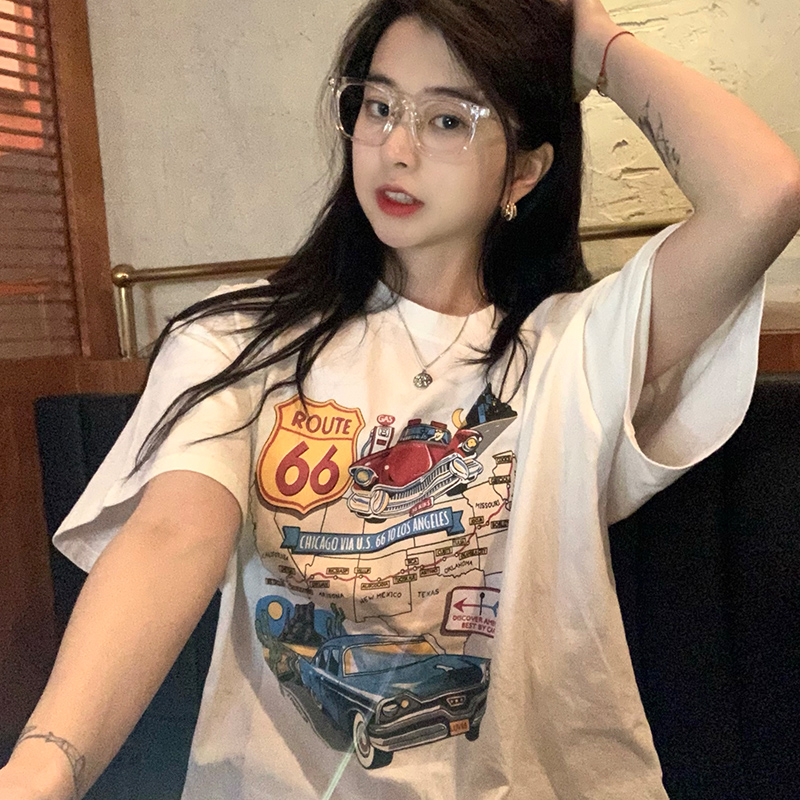 Áo thun dáng rộng tay ngắn in hình xe hơi thời trang cho nữ