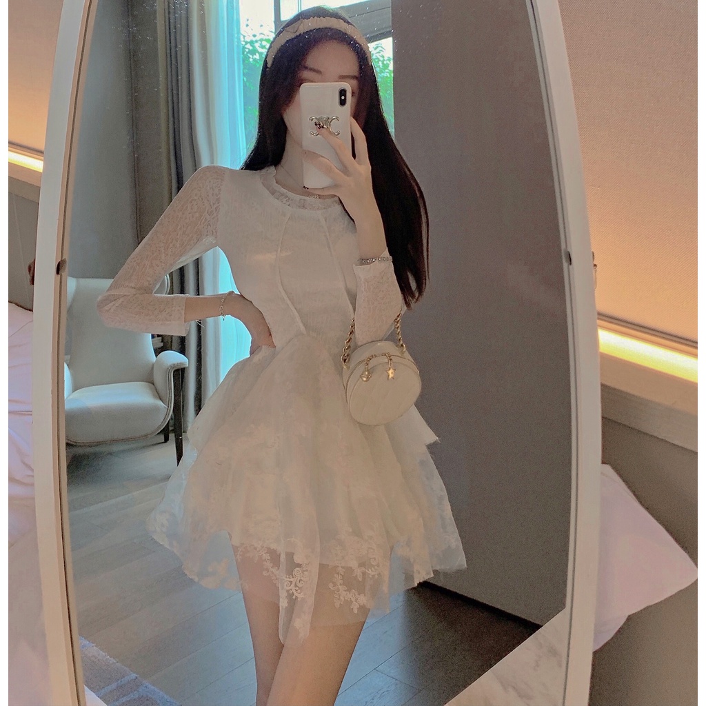 Jane Váy trắng dài tay ren hoa công chúa Pháp ngọt ngào