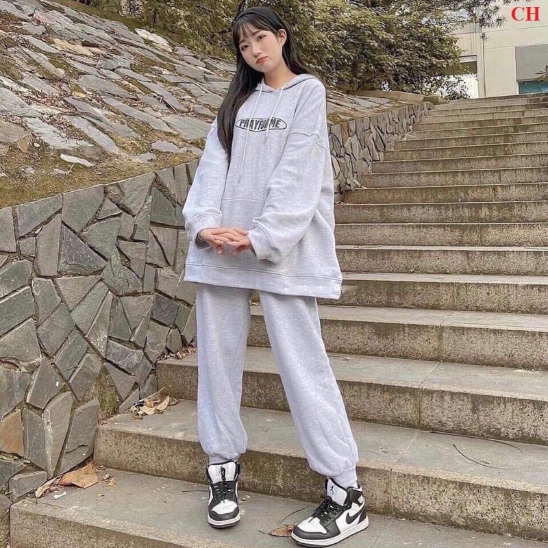 sét trang phục-sét đồ nam nữ - áo hoodie nỉ PRAY + quần ống rộng chun chất nỉ-form rộng unisex freesize ulzzang giá rẻ