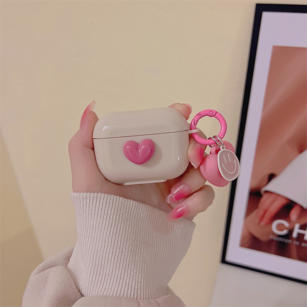 Vỏ Bảo Vệ Hộp Sạc Tai Nghe AirPods Pro 1 2 3 Màu Hồng Đào Phối Mặt Trái Tim Mặt Cười Dễ Thương