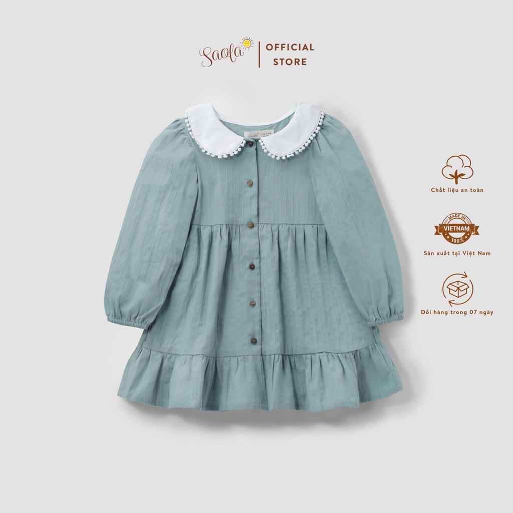 Váy Bé Gái SAOLA KIDS Thu Đông Tay Dài Xanh Phối Cổ Trắng Xinh Đẹp Cho Trẻ Em Gái Từ 1,2,3,4,5,6 Tuổi - DRC027