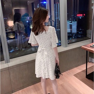 Đầm váy freesize trắng bi xoè thắt eo