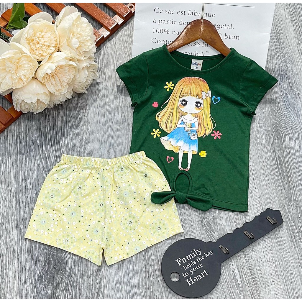 0-4T | Bé gái | Bộ ngắn thun cotton thắt nơ eo phối quần bông