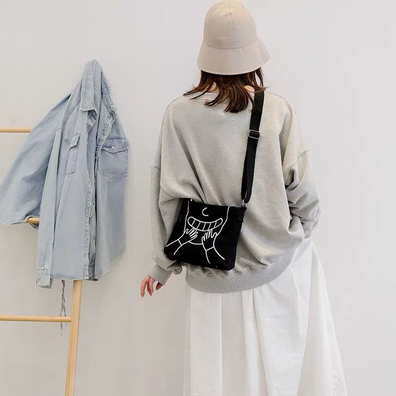Túi Vải Canvas Đeo Chéo Sức Chứa Lớn In Họa Tiết Vui Nhộn Thời Trang Cho Nữ