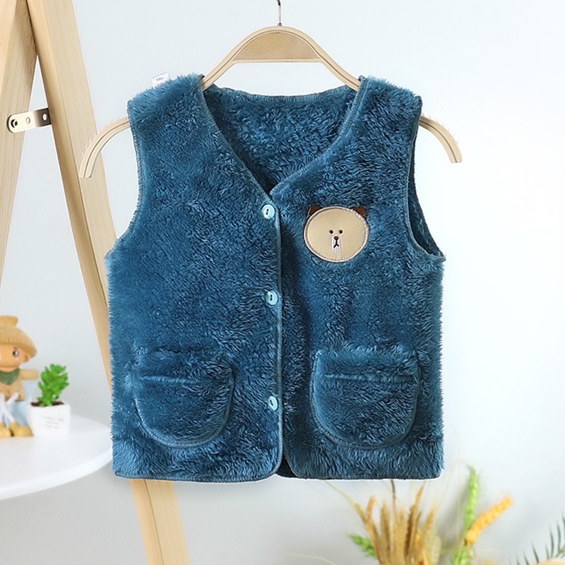 Áo Khoác Gilê Lông Thỏ Siêu mềm Mịn Thêu 2 Túi Cực Dễ Thương Cho Bé