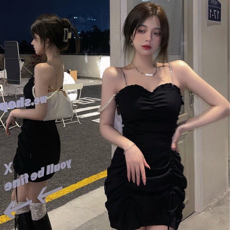 BLACK PLEATED retro small crowdsourced short skirt women's spring and summer new Hepburn versatile sling retro dress