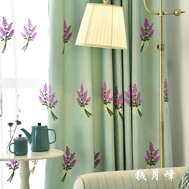 Rèm cửa họa tiết hoa lavender nền xanh ( nhiều kích thước, không kèm voan)